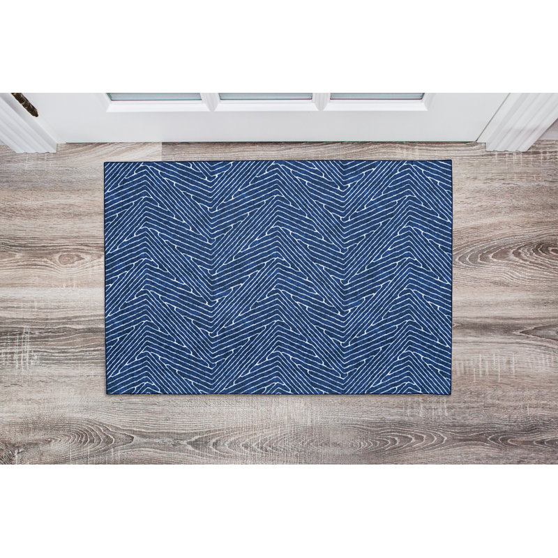 Delacroy Machine Washable Blue and Ivory Area Rug, Rectangle 2' x 3'