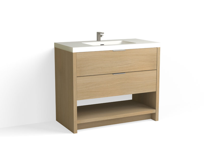 Vue 42" W Freestanding Single Bathroom Vanity, Satin Brass, White Nanomatte, Matte White/8" Widespread