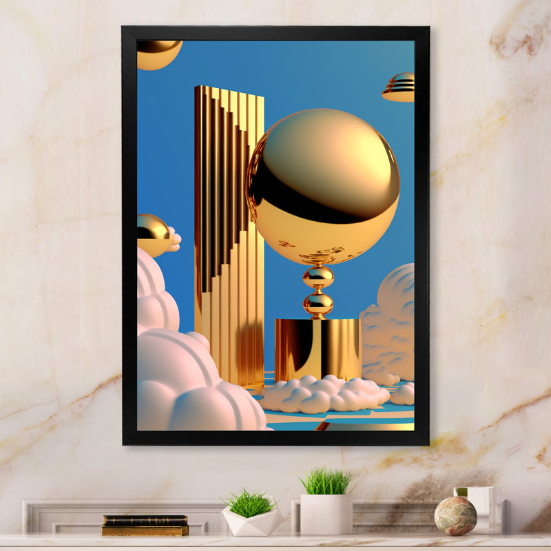 " Golden Spheres Infinity VI ", 32" H x 24" W x 1" D, Black Picture Framed Canvas