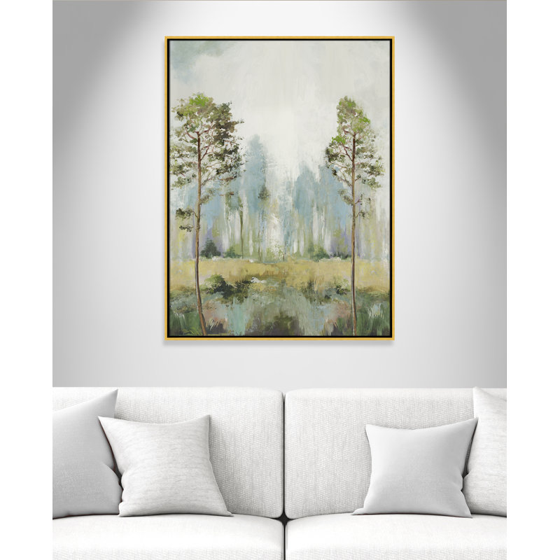 Teton Tall Green Trees II by Teton Pearce - Floater Frame Print on Canvas, 41.5" H x 31.5" W, Gold