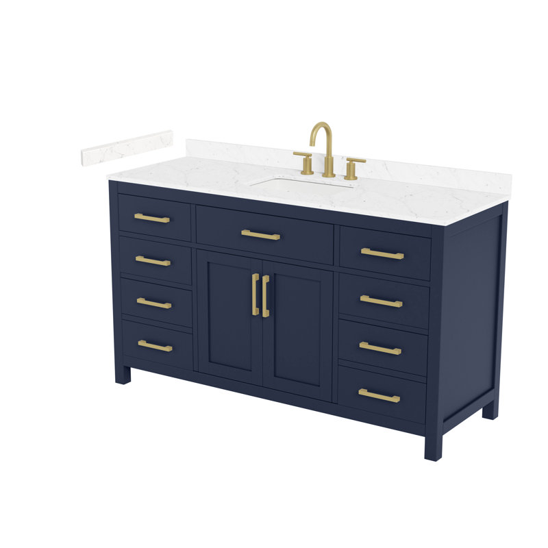 Ensemble de meuble-lavabo simple 60 po Beckett, Bleu foncé avec bordure dorée brossée