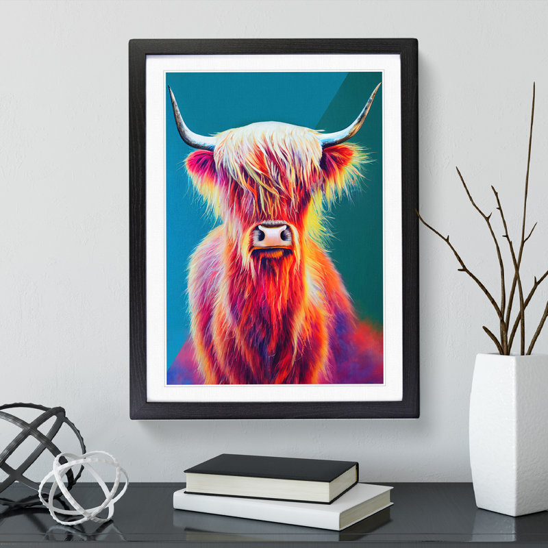 XV1022-1593X Colourful Highland Cow No.2 - Single Picture Frame Print, Black, 64cm H x 46cm W