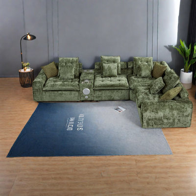 Grand sofa de coin avec rangement, canapé moderne en boucle verte en forme de L pour la maison
