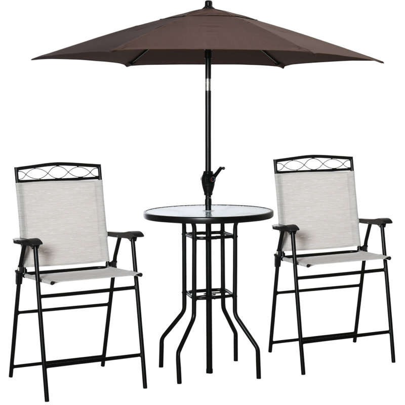 Ensemble de mobilier de patio 4 pièces, 2 chaises pliantes, parasol à angle réglable, table de salle à manger en verre trempé texturé Wave