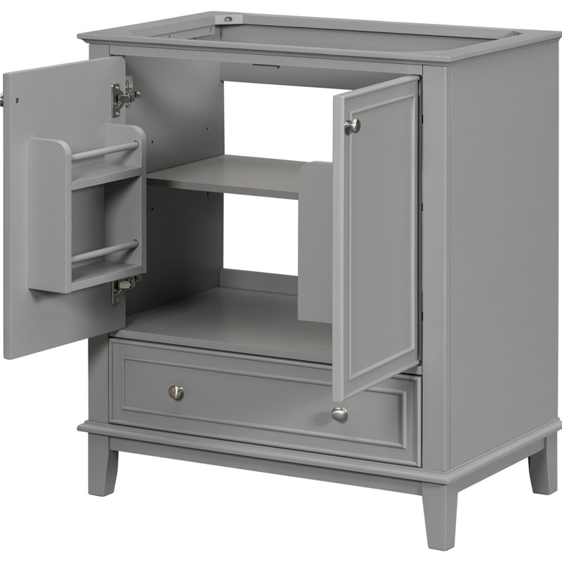 Base de meuble-lavabo 30 po en gris, bois massif et planche, armoire de porte multifonctionnelle, tablette réglable, tiroir, assemblage gris seulement et armoire avec portes