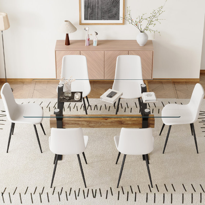 7-Piece Glass Top Dining Table Sets, White/Black