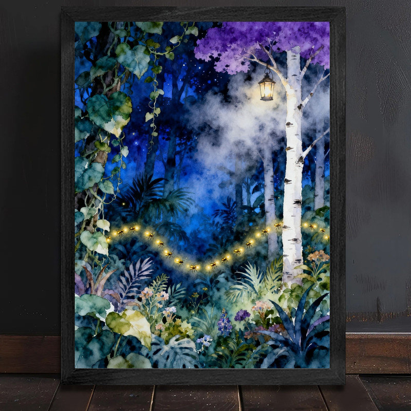 Art mural encadré noir forêt de lucioles fantaisiste, aquarelle bohème cadre magique, H 17 po x l 13 po