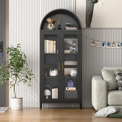 Metal Arch Display Cabinet With Led Strip, Modern Arched Storage Cabinet With Glass Doors,2 Adjustable Shelves For Home, Office, Assembly Required, Black