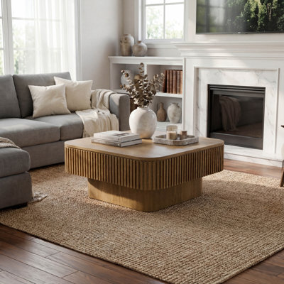 31.5 Inch Square Coffee Table with Storage, Modern Solid Wood Veneer Accent Table in Brown