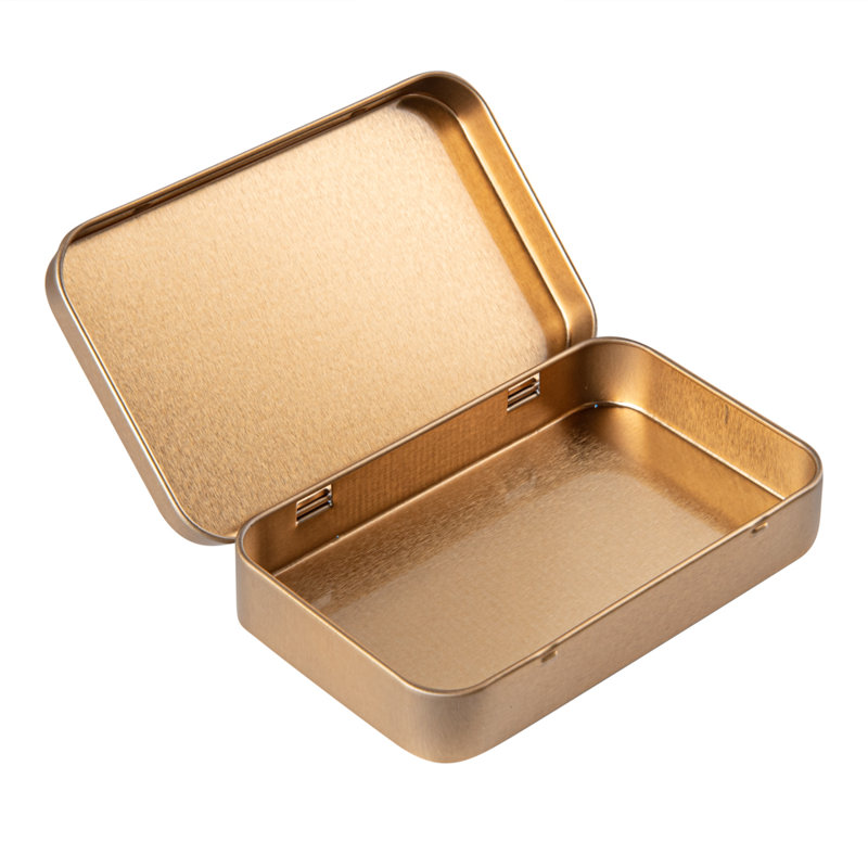 Restaurantware-RW Base 5.8 Ounce Rectangular Tin Containers, 10 Durable Tin Boxes With Lids - Hinged Lids, Rounded Edges, Gold Storage Containers, Customizable, Fits Mints, Pills, Or Herbs