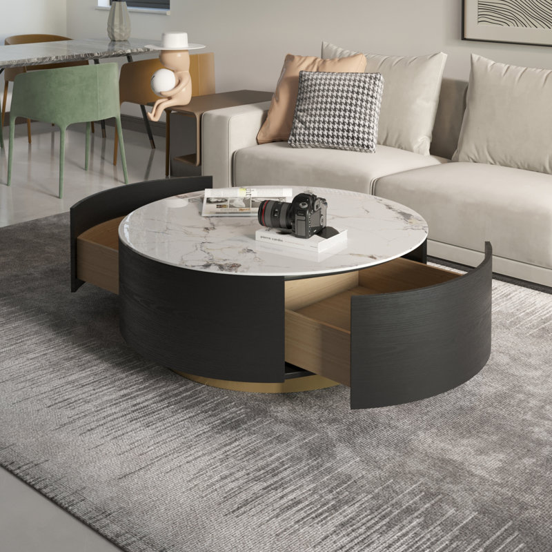 Jahnea Round Coffee Table with Storage, 2 Drawers, Dali White, Black