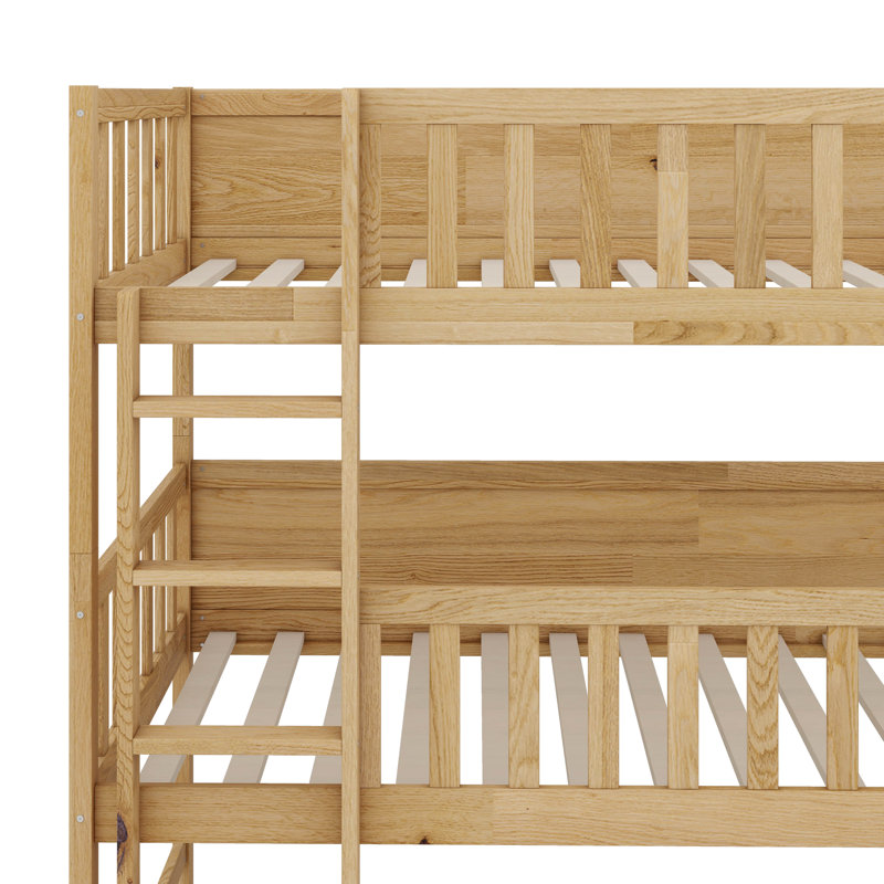 Twin-Sized Three-Tier Rubber Wood Bunk Bed, Fully Equipped With Ladders And Guardrails, Natural