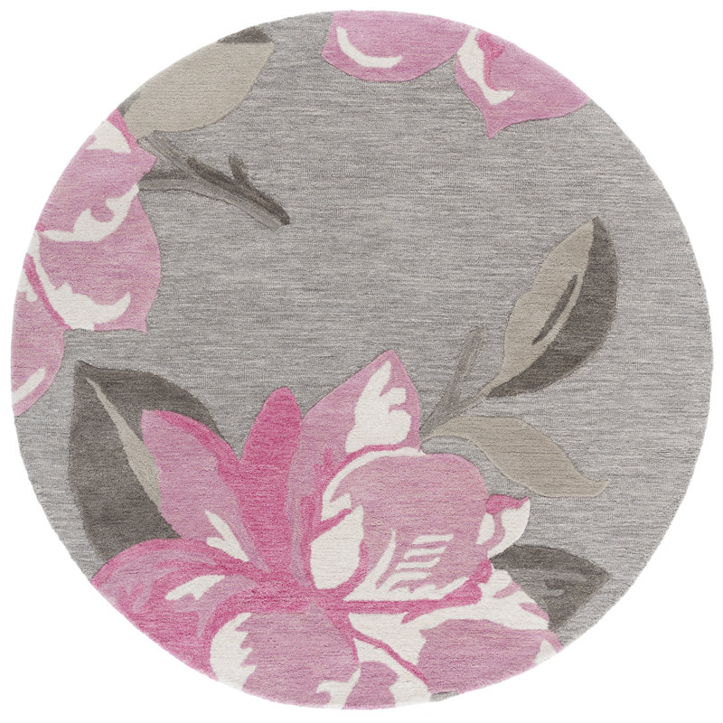 Tapis floral gris / rose en laine / coton touffeté à la main Jardin 403, Rond 6 pi
