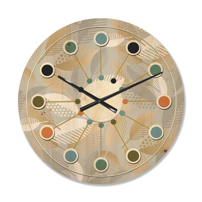 Horloge murale Mid-Century moderne en bois - Motif géométrique luxueux de feuilles d'automne, Petit