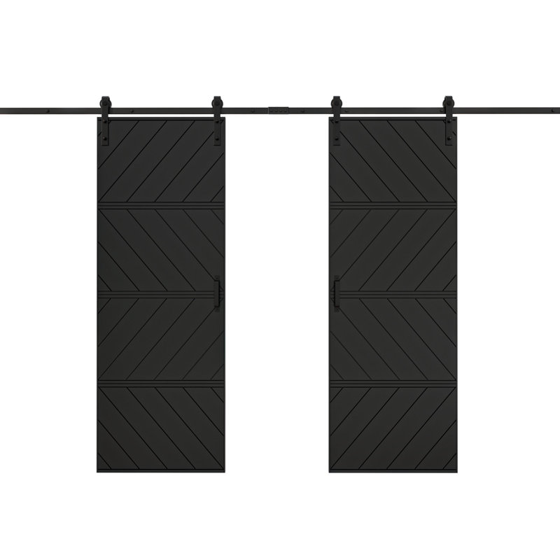 Double Modern Wave Design Sliding Barn Door with Installation Hardware Kit(Easy Assembly), Black, 60" x 84"