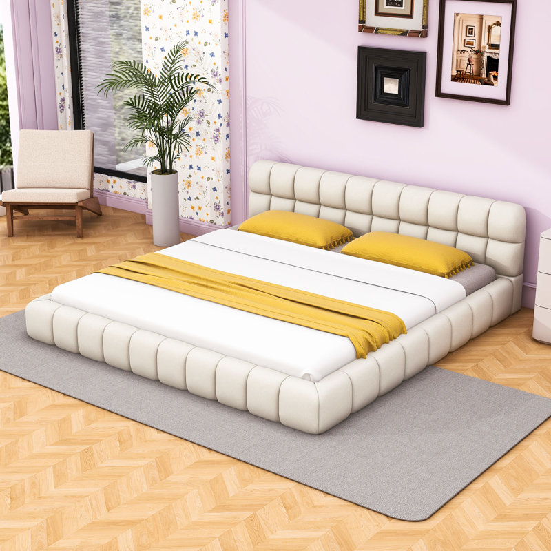 Très grand lit plateforme tapissier en lin avec tête de lit unique, Beige
