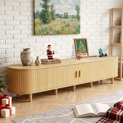 80" Mid Century Modern TV Stand With Power Outlets & Storage Shelves to Fit up to 85" TVs, Wood Media Console Tambour Door For Living Room And Bedroom,Oak