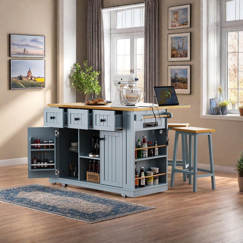 53-inch Large Kitchen Island Set with Bar Stools and Power Outlet, Gray/Blue