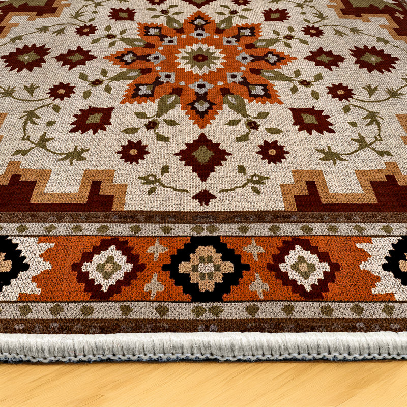 Albasa Collection Digital Print Cotton-Polyester Orange Brown Beige Moroccan Rug, Square 4'