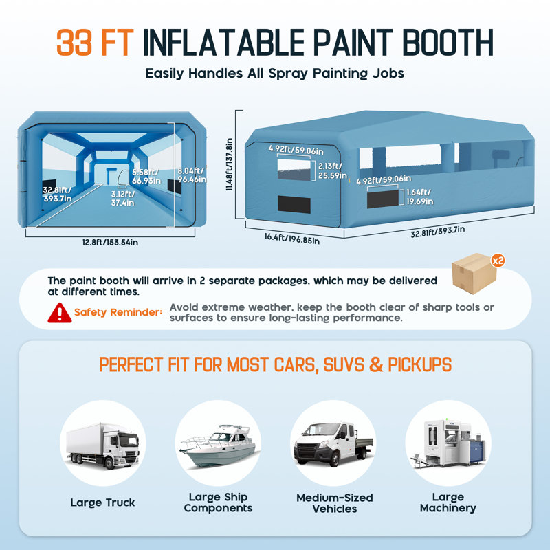 AMERLIFE 33x16.5x11.5 FT Inflatable Paint Booth with 1100W+750W Blowers, Upgrade 4-Stage Filters System & Peak Roof, Portable Paint Booth with PVC Windows for DIY, Mobile Detailing, Auto Refinish