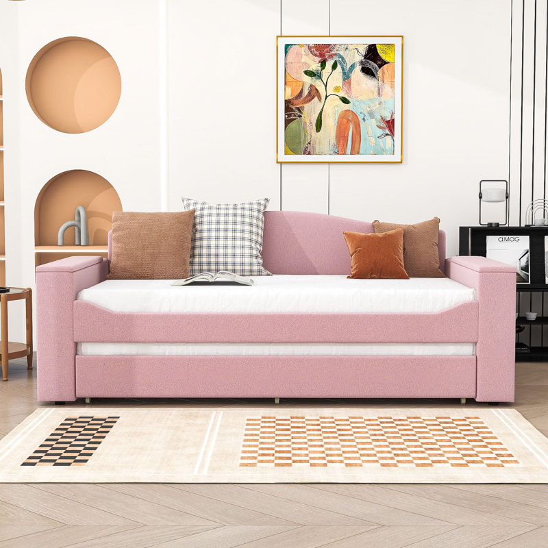 Wood Upholstered Daybed with Integrated Bluetooth Audio System, Storage Armrests and Trundle, Gray, Twin