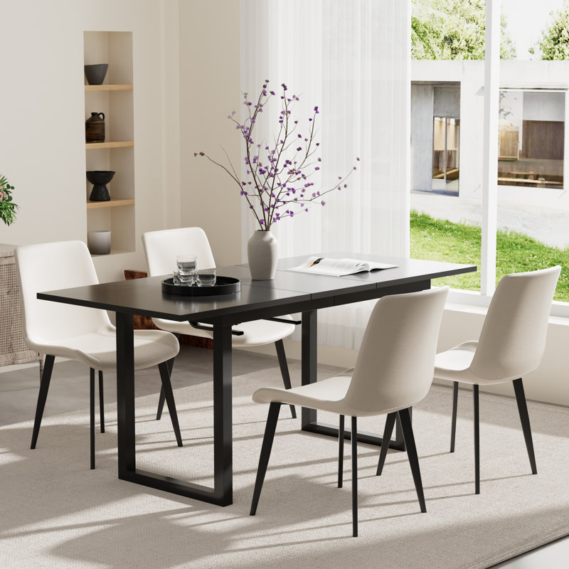 Ensemble de table de salle à manger 70,86 po à rallonge pour 4 à 6 personnes, 5, Blanc/Noir, Noir