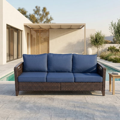 73.6" Outdoor Wicker Patio Sofa, 3-Seat All-Weather Brown PE Rattan Patio Couch with Blue Cushions and Half-circle Curved Armrests for Deck, Backyard, Balcony, Porch, Garden