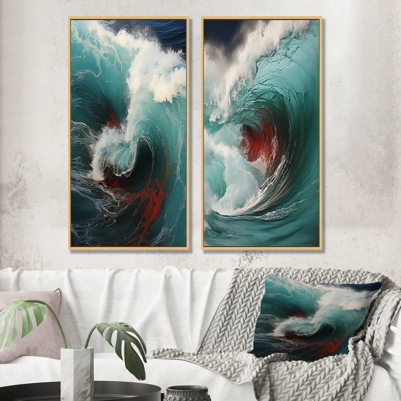 Vague rouge, vert, merveille colorée - ensemble de 2 impressions sur toile côtière, Cadre flottant brun, H 28 po x l 25 po