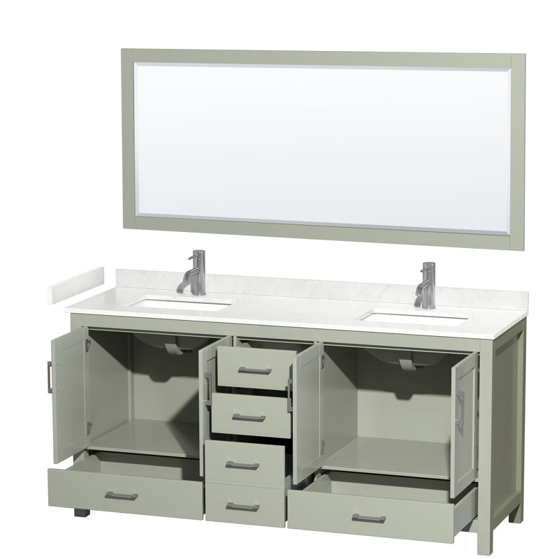 Sheffield 72" Double Bathroom Vanity with Mirror, Carrara Cultured Marble, Light Green, 72"