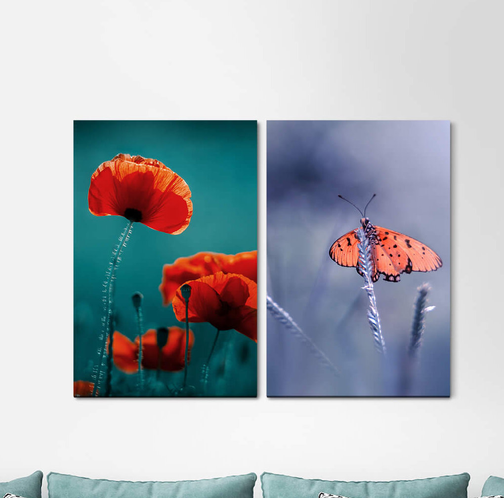 2-tlg. Leinwandbilder-Set - Grafikdruck „Coral Cranes Violet Mountains Evening Red Sky Sunset”