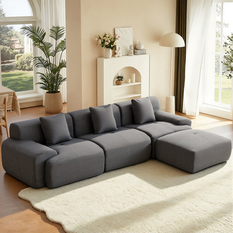 Canapé-lit modulaire convertible en velours côtelé 107 po avec repose-pieds 107 po, L 107 po, Gris foncé