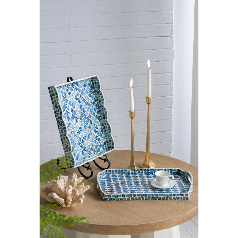 16X13X2" Decorative Rectangle Tray With Blue And White Capiz Design