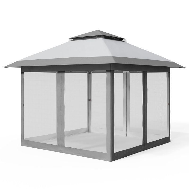 Abri à auvent pliant 10 pi x 10 pi, toit ventilé avec rideaux en filet pour patio, blanc et gris, Grey