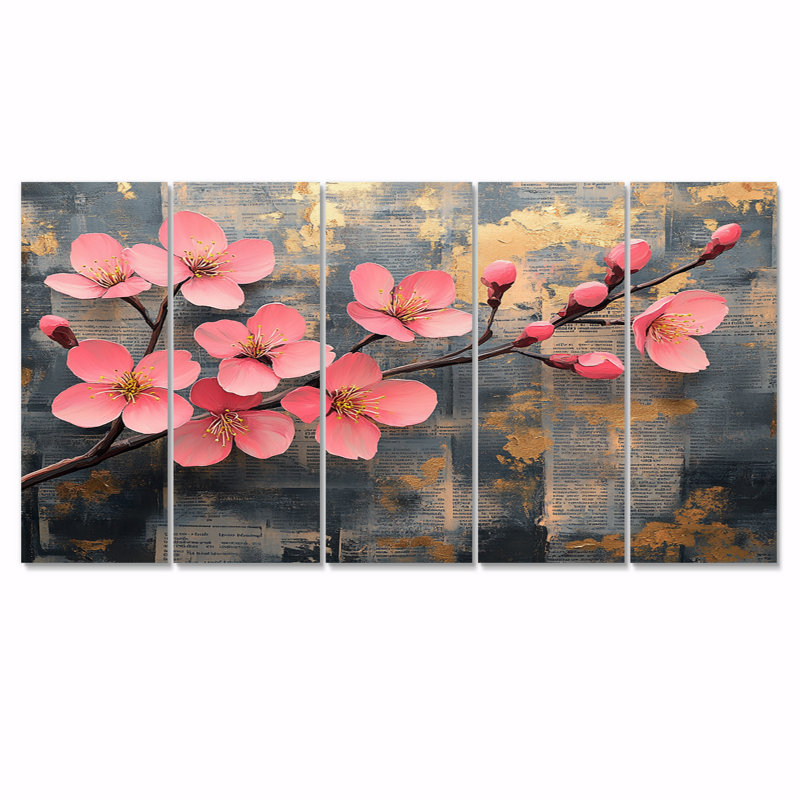 «Pink and Gold Spring Cherry Blossom II», ensemble d'art sur toile Cherry Blossom, H 28 po x l 60 po