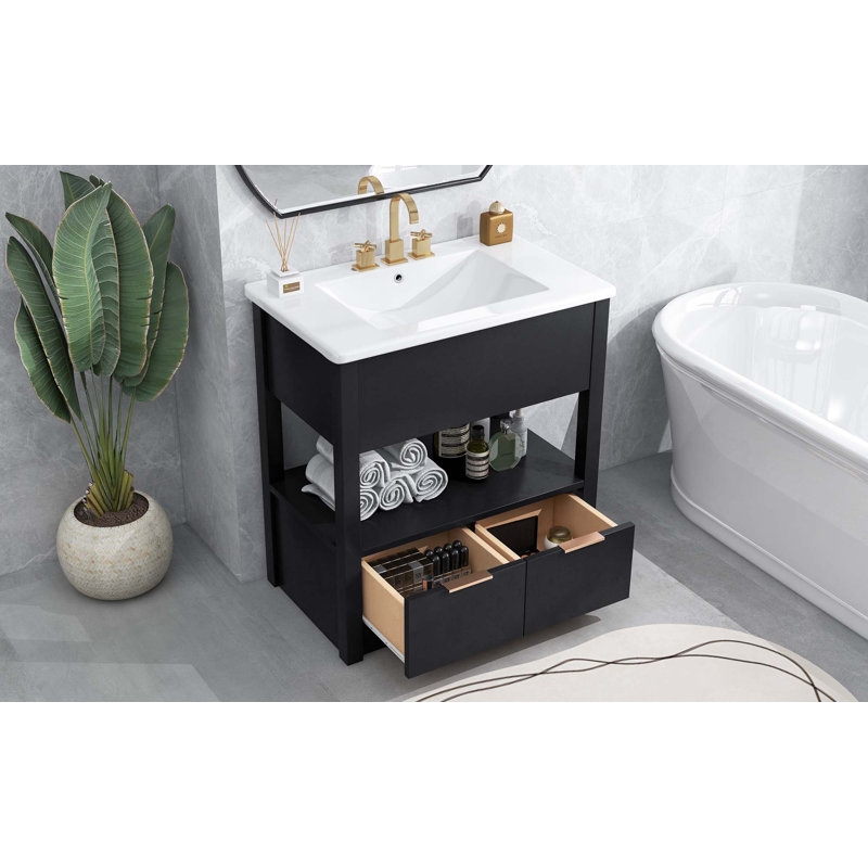 Meuble-lavabo 30 po avec comptoir d'évier, armoire de salle de bain avec tablette de rangement ouverte et 2 tiroirs, Noir