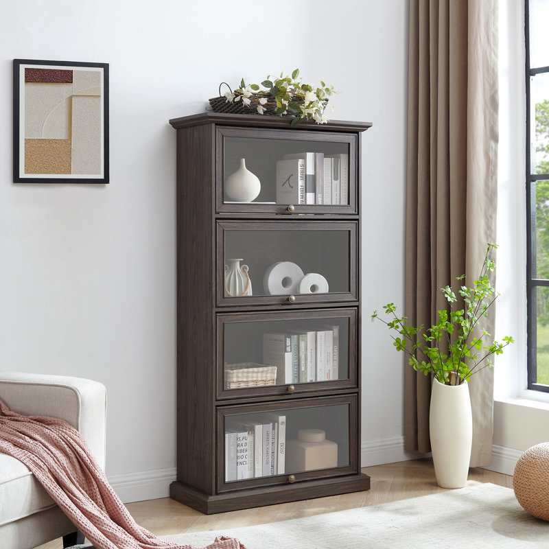 4 Tier Glass Display Cabinet Storage, Curio Cabinet With Flip Up Glass Doors, Collectors Showcase Toy Figure Organizers Rack, Bookcase