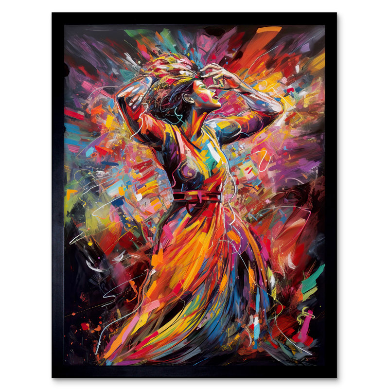 Happy Woman Dancing To Music Modern Vibrant Colour - Single Picture Frame Print