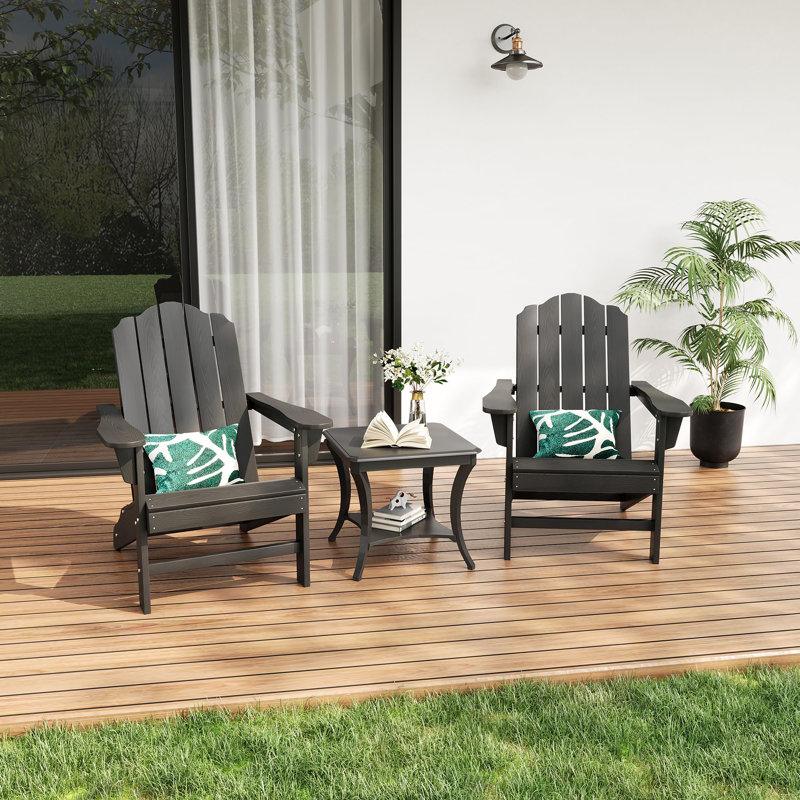 Set of 2 HDPE Adirondack Chairs for Patio - Outdoor Lawn Chairs with Wood Texture - Waterproof & UV Resistant - Contoured Backrest & Reinforced Frame - for Garden, Backyard, Deck, Poolside, Black