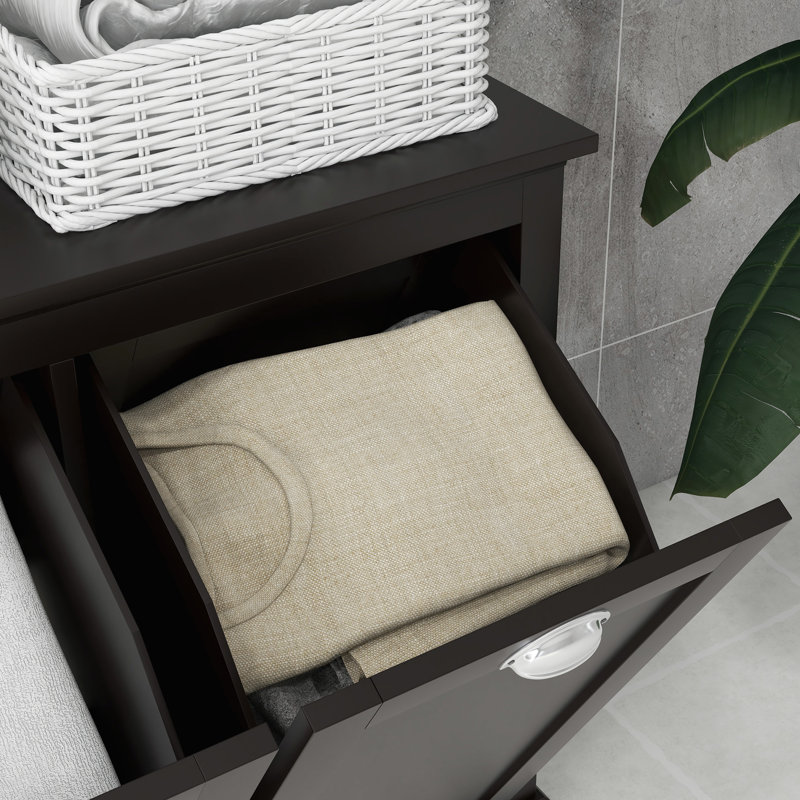 Bathroom Floor Cabinet With Tilt Out Hamper, Dual Compartment. Modern Washroom Storage, Black. Large Towel Holder. Separate Storage For & Dark. Made, Water-. Toppling Design. Wall-Fixable. 30" W X
