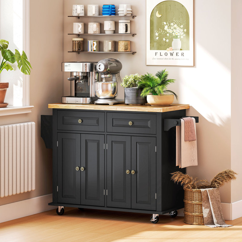 Alyxandra Kitchen Island On Wheels, Rolling Cart With wood Top, Spice Rack, Towel Rack And Drawers, sland,coffee cart,rolling kitchen island