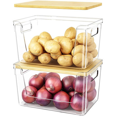 Clear Plastic Pantry Organizer 2-Set with Lid & Handle – Sturdy Stackable Storage for Potato, Onion, Fruit & Veggie