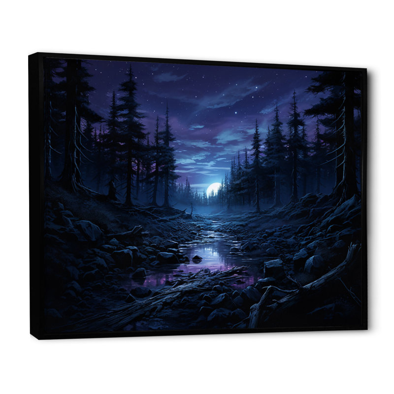 " Pine Tree Moonlit Serenade I ", Black Floater Framed, 16" H x 32" W x 1" D