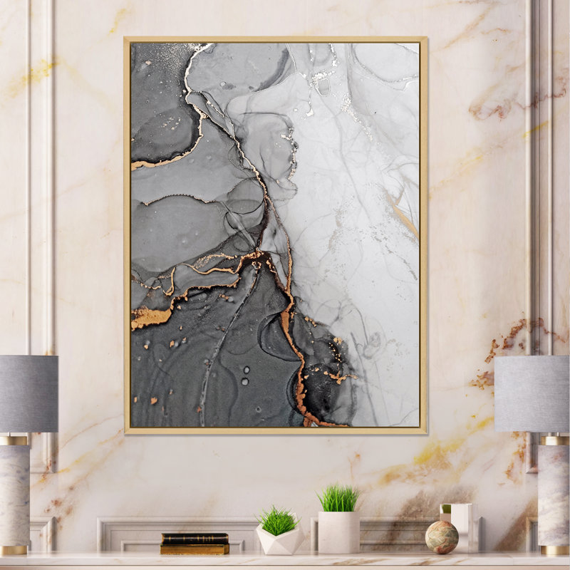 Vagues de marbre gris et orange - art mural abstrait, H 32 po x l 16 po, Cadre flottant en érable