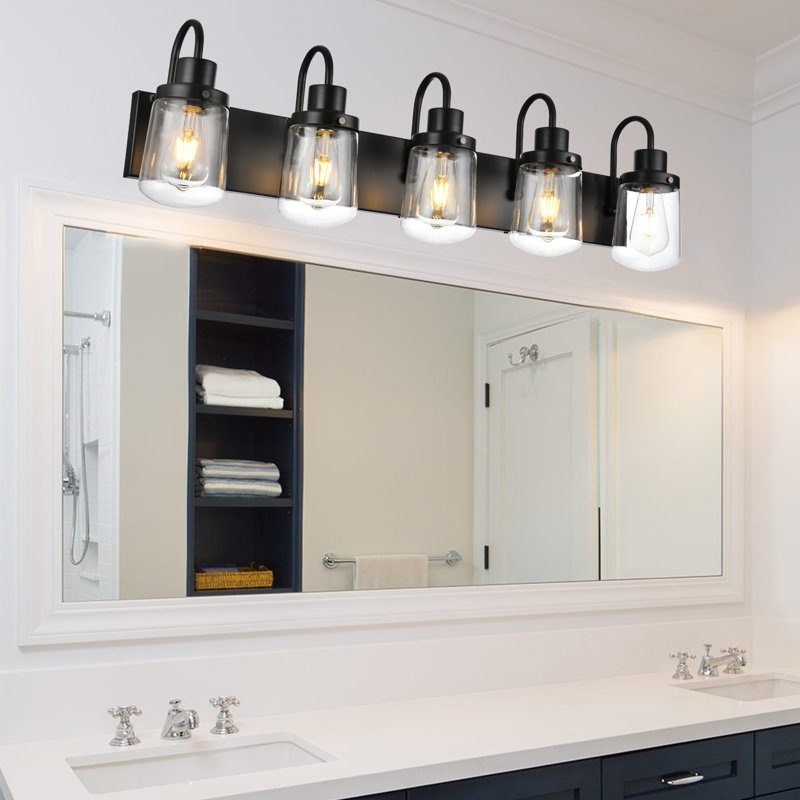 Modern 5-Light Vanity Light, Bathroom Lighting Fixture Over Mirror With Clear Glass Shade And Metal Base, Matte Black.