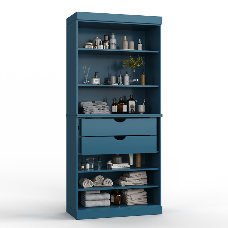 100% Solid Wood 32" Bathroom Cabinet with 2-Drawers and Adjustable Shelves, Teal Blue