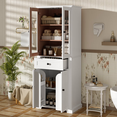 Tall Bathroom Storage Cabinet With Tempered Glass Doors, Adjustable Shelves, And Drawer – Modern Freestanding Linen Tower, Soft-Close Design For Elegant Storage