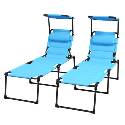 Outsunny 2 Pcs Outdoor Lounge Chair, Adjustable Backrest Folding Chaise Lounge, Cushioned Tanning Chair w/Sunshade Roof & Pillow Headrest