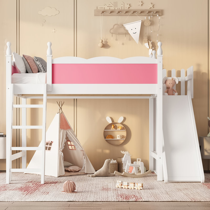 Full Solid Wood Loft Bed with Storage, Wardrobe, Detachable Slide & Ladder, Pink + White, Full, Pink/White