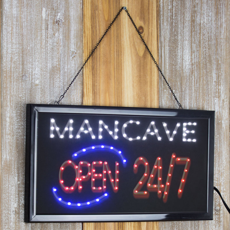 Trinx Man Cave Open 24/7 Framed LED Sign - 10" x 19" x 0.75"