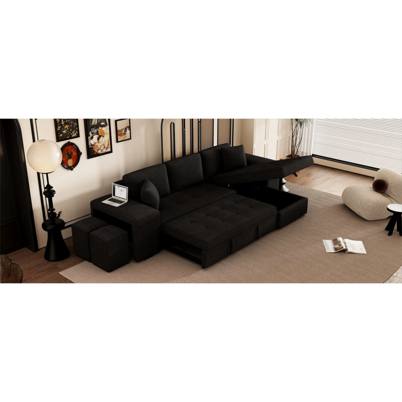 Canapé-lit d'angle moderne avec méridienne de rangement et 2 tabourets, tissu gris anthracite pratique